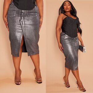 NWT PrettyLittleThing Plus Metallic Midi Denim Skirt